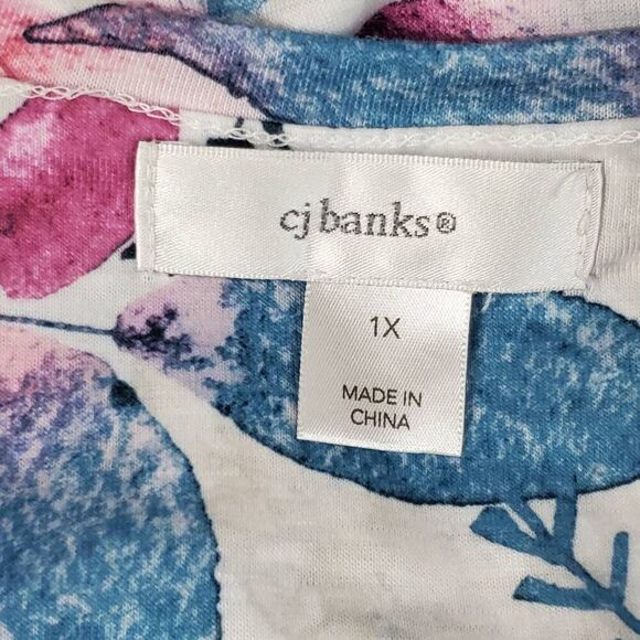 CJ Banks 1X Floral Print Long Sleeve Blouse White Pink Blue Stretch Top with Sid - Picture 8 of 9